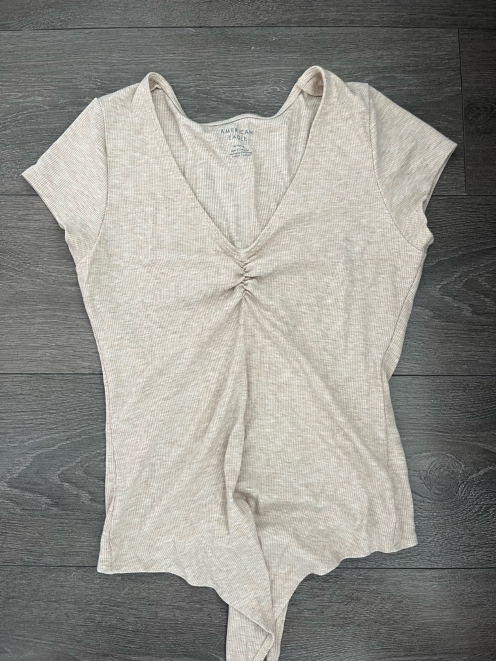 American Eagle Outfitters Neutral Beige Ribbed V-Neck Tie-Front Top